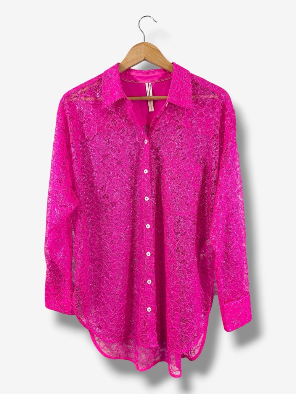 By Anthropologie Sheer Metallic Lace Long Sleeve Shirt Pink M Button Front
